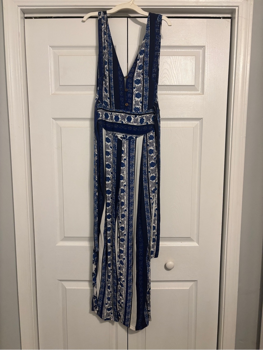 Free People Navy and White Printed V-Neck Jumpsuit